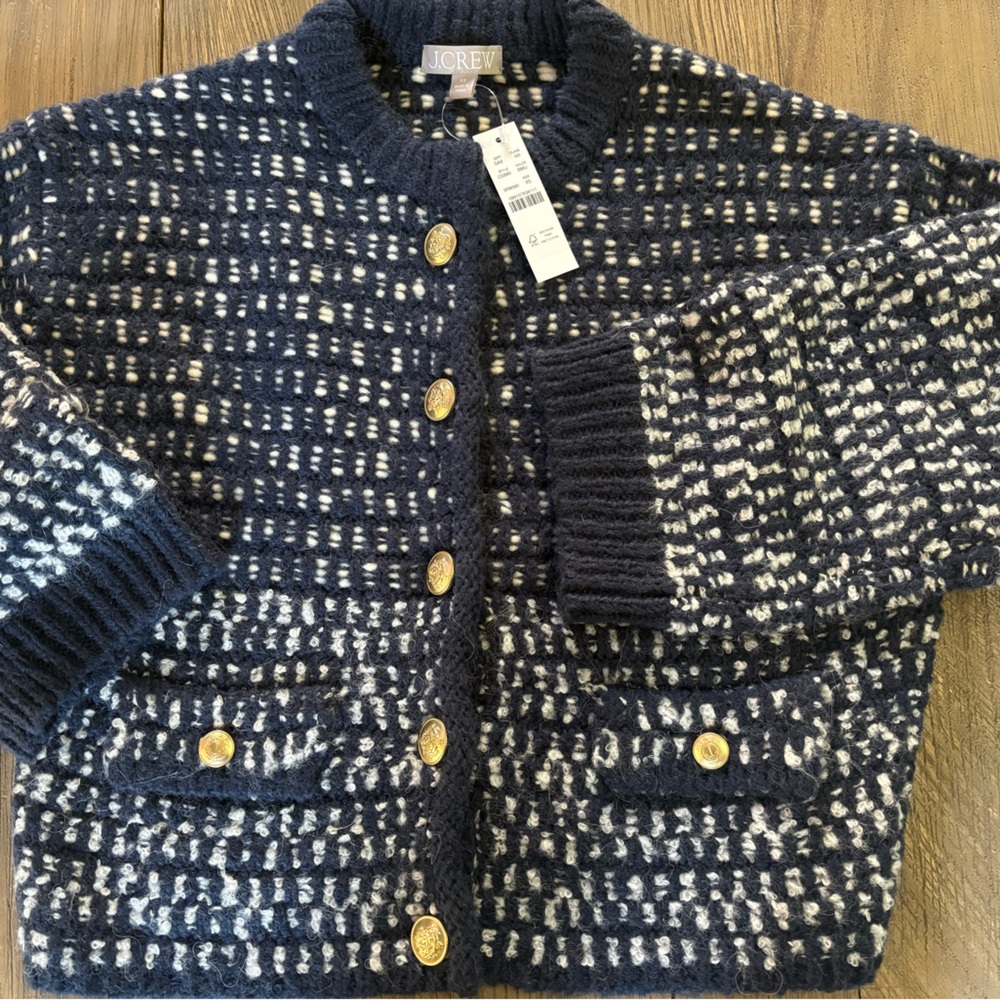 JCrew Navy and White Knit Cardigan with Gold Buttons.